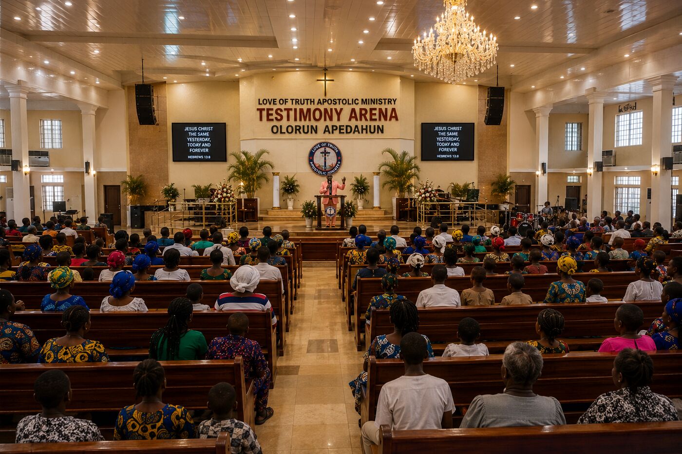 Worship service in progress inside Testimony Arena sanctuary